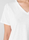 close up front view of Eileen Fisher Organic Cotton Slubby Jersey V-Neck Short Sleeve Tee in White