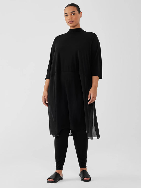Eileen Fisher Silk Georgette Crepe Mock Neck Tunic With Sheer in Black