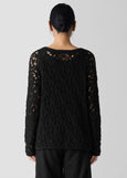 back of plus size Eileen Fisher Peruvian Cotton Cord Lace Crochet Pullover in Black