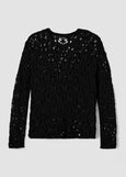 Front view of plus size Eileen Fisher Peruvian Cotton Cord Lace Crochet Pullover in Black