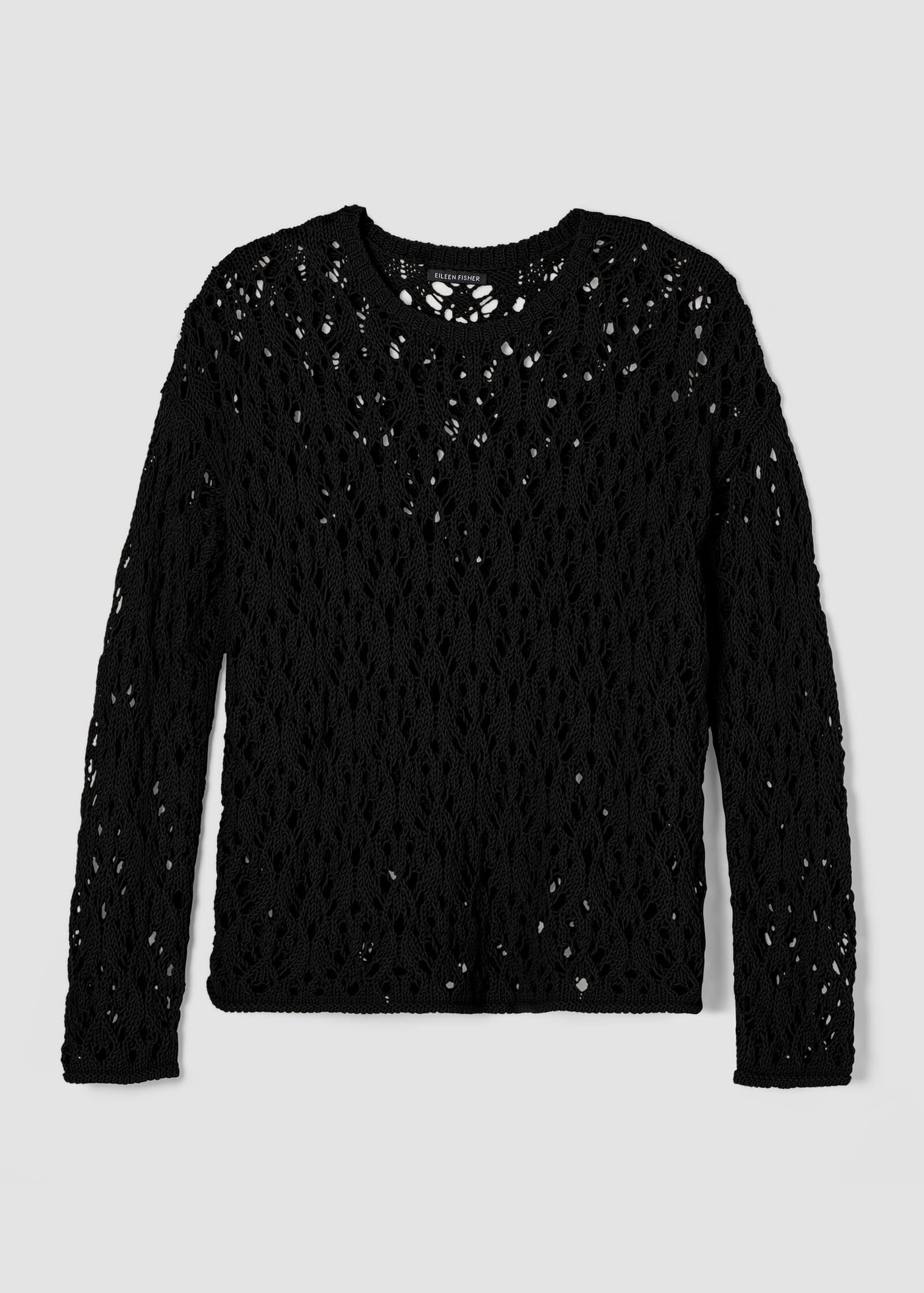 Front view of plus size Eileen Fisher Peruvian Cotton Cord Lace Crochet Pullover in Black