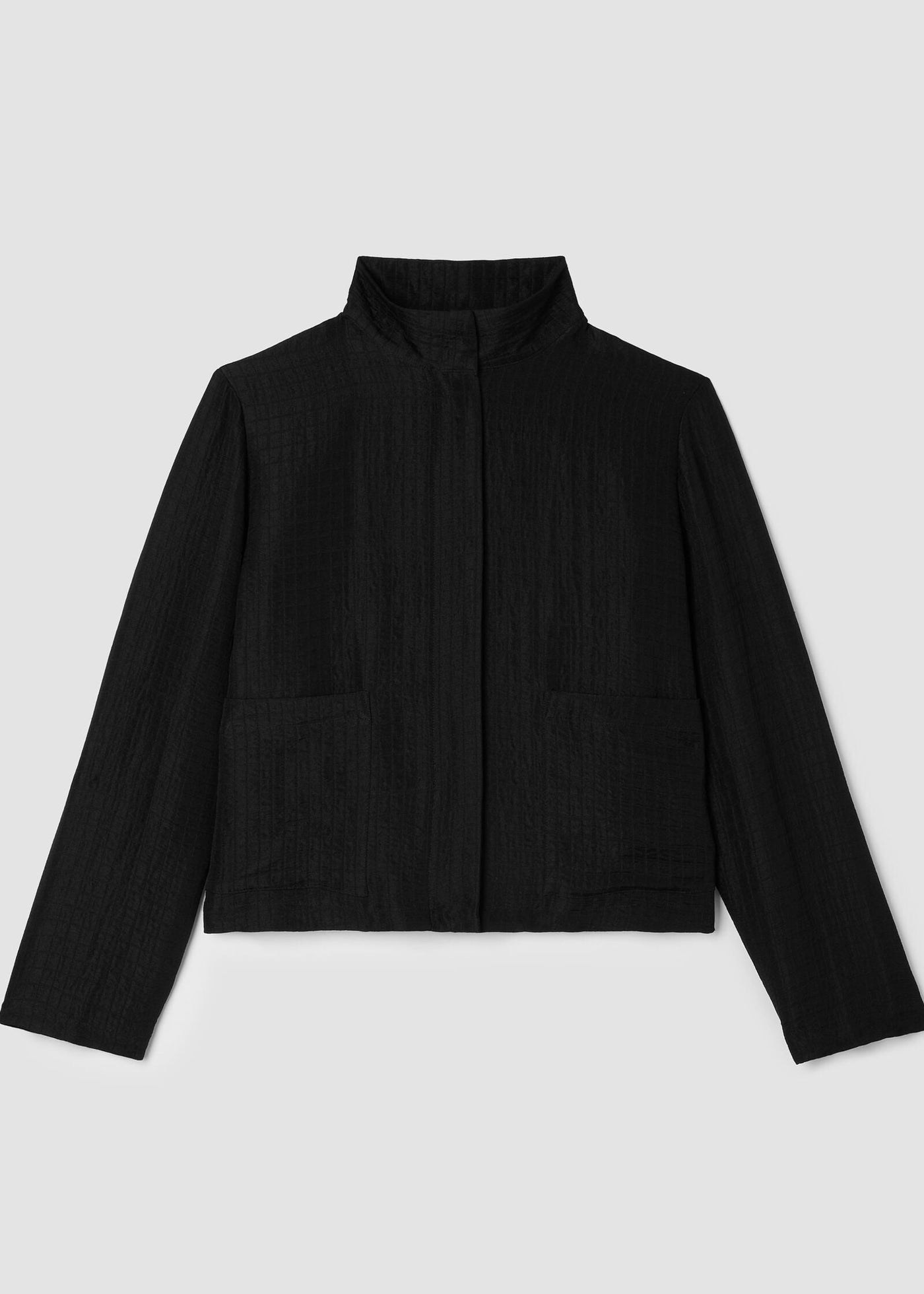 Eileen Fisher Silk Linen Box Stand Collar Jacket in Ebony