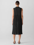 Eileen Fisher Crinkle Silk Habutai Mandarin Collar Dress in Black