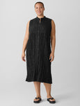 Eileen Fisher Crinkle Silk Habutai Mandarin Collar Dress in Black