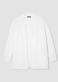 Eileen Fisher white linen cardigan on a light gray background