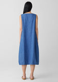 back view of Eileen fisher delave' linen sleeveless balloon hem plus size dress in color ultramarine