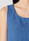 close up front view of Eileen fisher delave' linen sleeveless balloon hem plus size dress in color ultramarine