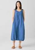 front view of Eileen fisher delave' linen sleeveless balloon hem plus size dress in color ultramarine