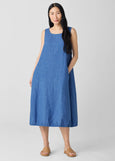 front view of Eileen fisher delave' linen sleeveless balloon hem plus size dress in color ultramarine
