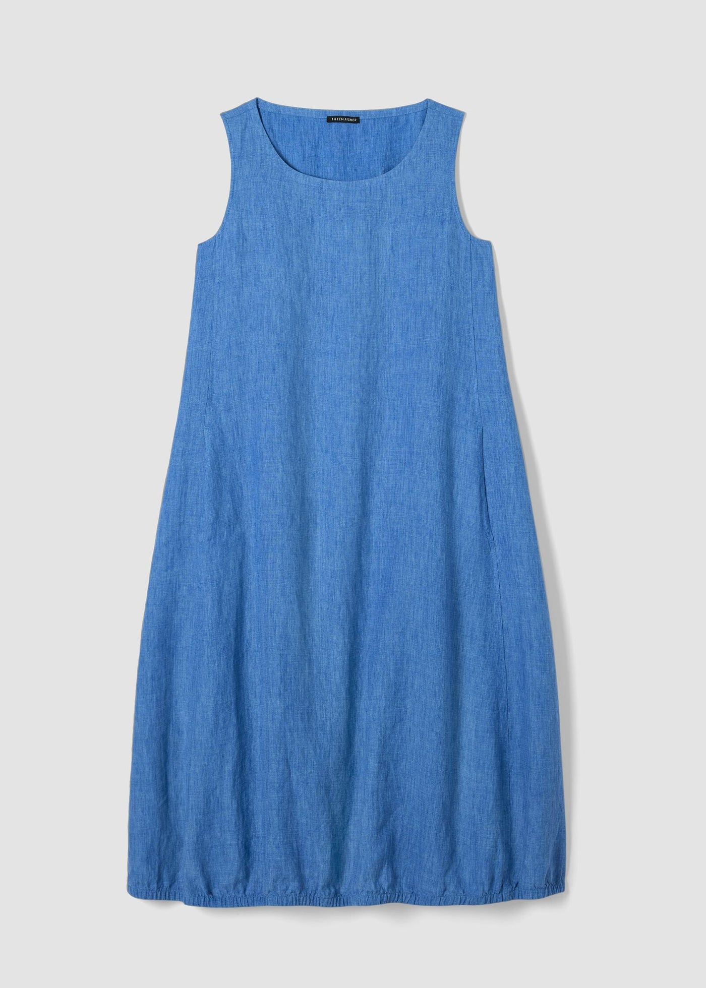 front view of Eileen fisher delave' linen sleeveless balloon hem plus size dress in color ultramarine
