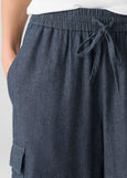 close up front view of plus size Eileen Fisher Airy Organic Cotton Twill Drawstring Cargo Pant in Denim