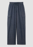 front view of plus size Eileen Fisher Airy Organic Cotton Twill Drawstring Cargo Pant in Denim