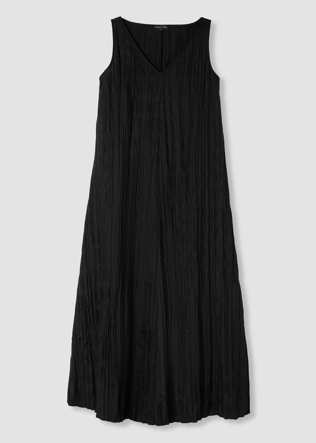 front view of plus size Eileen Fisher Crushed Silk V-Neck Pleated Full Length Dress in Black