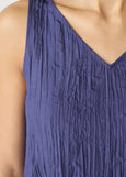 close up front view of Eileen Fisher crushed silk v-neck sleeveless plus size long dress in bluette color