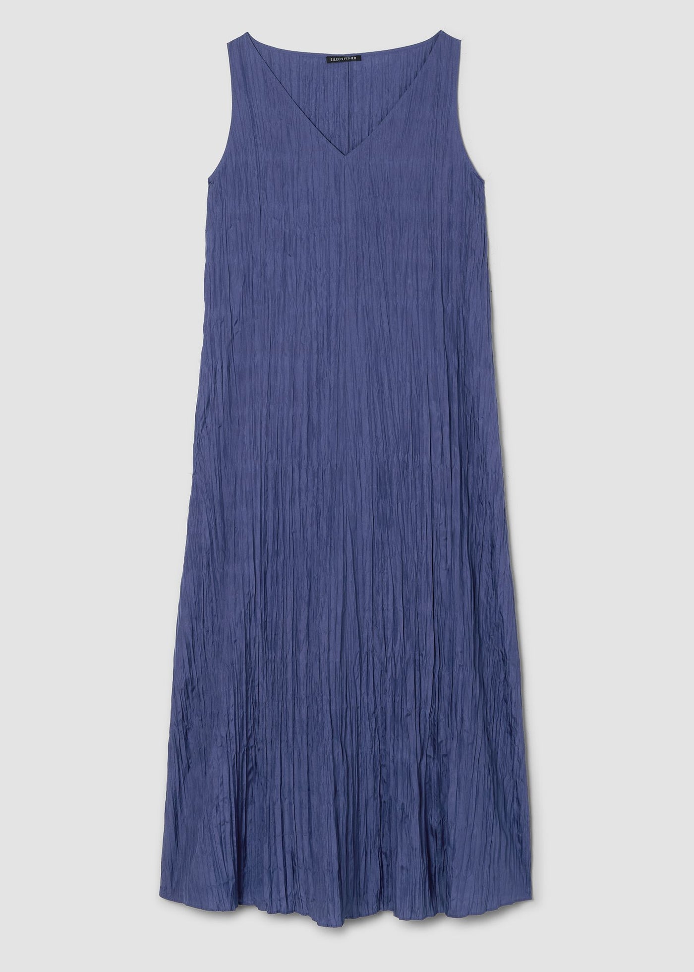 front view of Eileen Fisher crushed silk v-neck sleeveless plus size long dress in bluette color