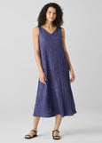 front view of Eileen Fisher crushed silk v-neck sleeveless plus size long dress in bluette color