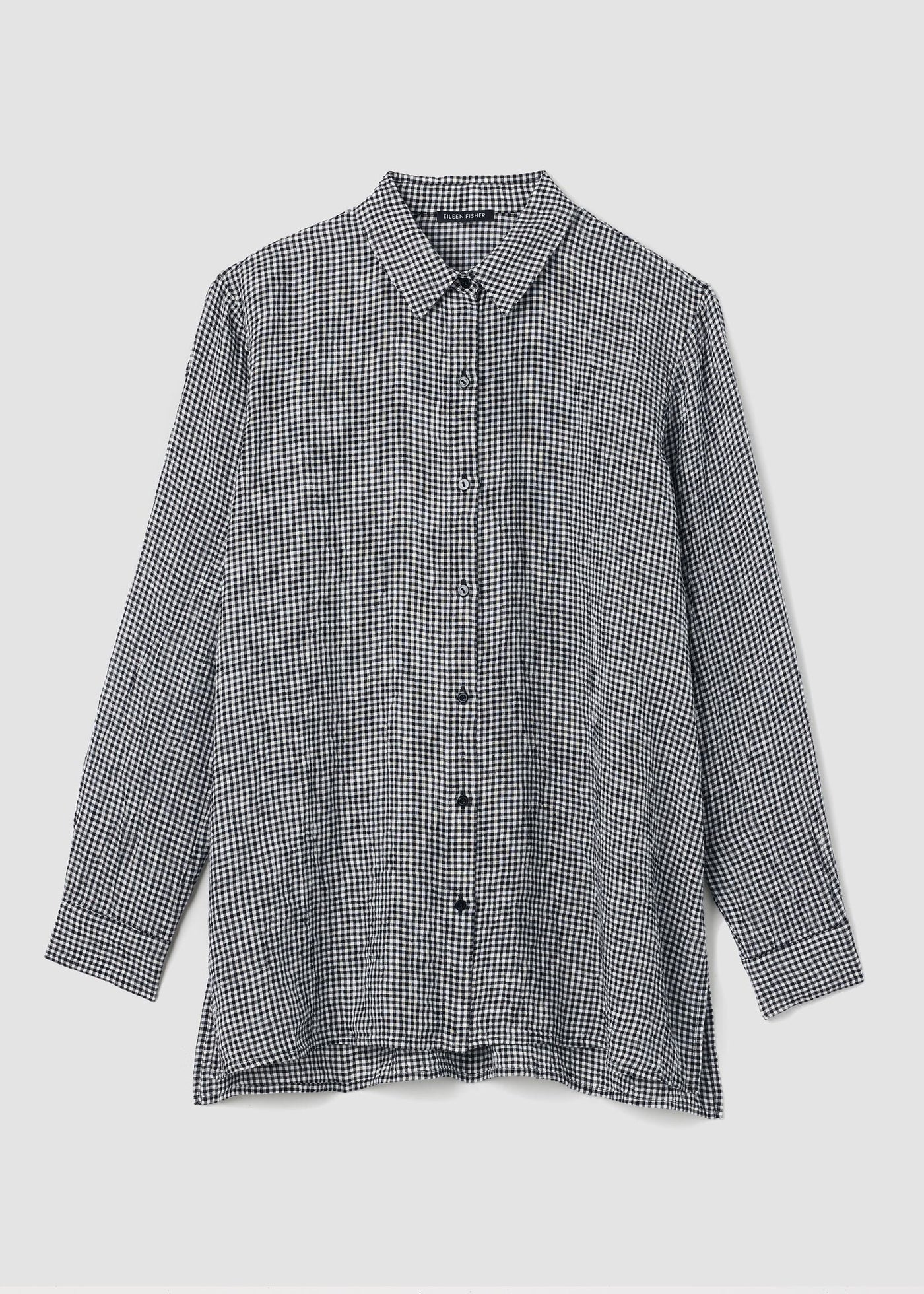 front view of Eileen Fisher puckered Ofganic Linen check classic collar Plus size Easy Shirt in Black/White
