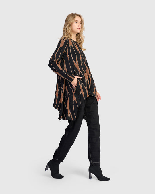 Alembika Long Sleeve Jersey Wood Print Shark Bite Tunic in Wood