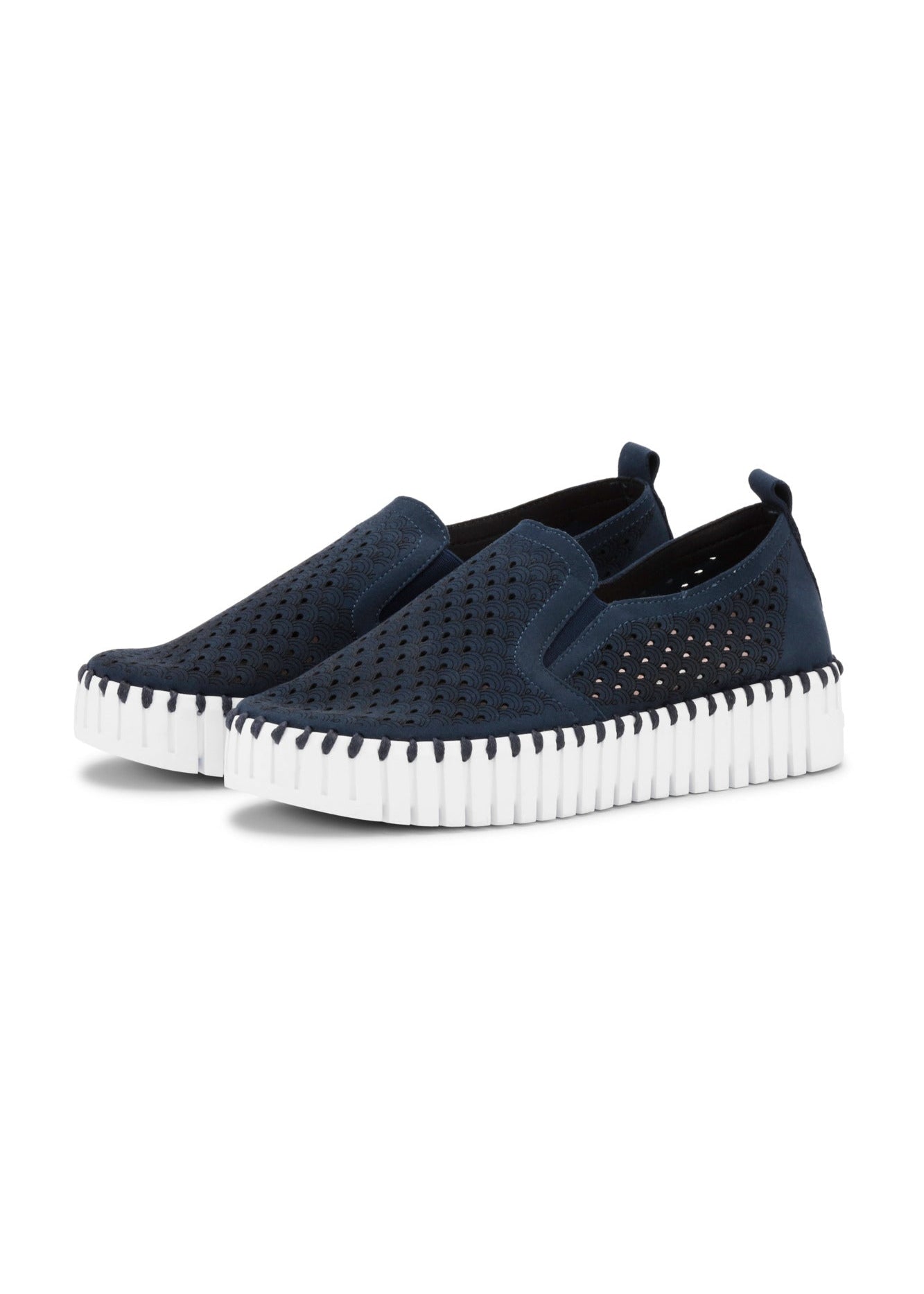 side view of Ilse Jacobsen microfiber upper Slip on Platform shoes in Dark Indigo