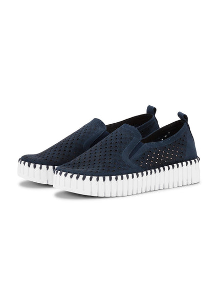 side view of Ilse Jacobsen microfiber upper Slip on Platform shoes in Dark Indigo