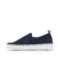 side view of Ilse Jacobsen microfiber upper Slip on Platform shoes in Dark Indigo