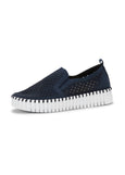 side view of Ilse Jacobsen microfiber upper Slip on Platform shoes in Dark Indigo