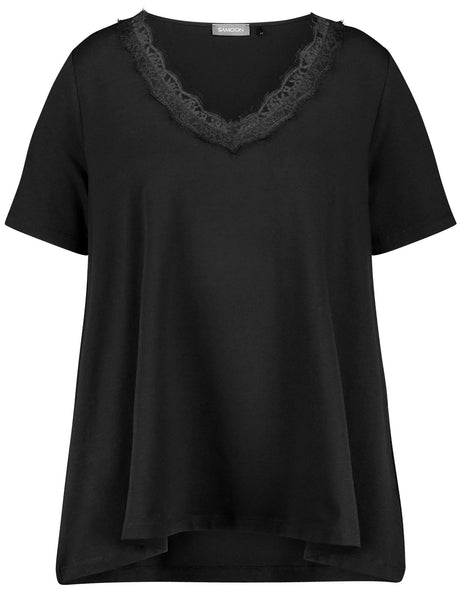 Samoon Short Sleeve Jersey V-Neck A-Line Tee with Lace Trim in Black