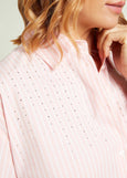 front view of plus size Luisa Viola Long Sleeve Cotton Striped Shirt With Stones in Pink/White