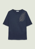 front view of plus size Luisa Viola Short Sleeve Tee with Leaf Motif in Navy