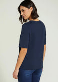 front view of plus size Luisa Viola Short Sleeve Tee with Leaf Motif in Navy