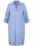 front view of Samoon plus size blue Striped viscose Shirt Dress With 3/4 Sleeve in Off-White
