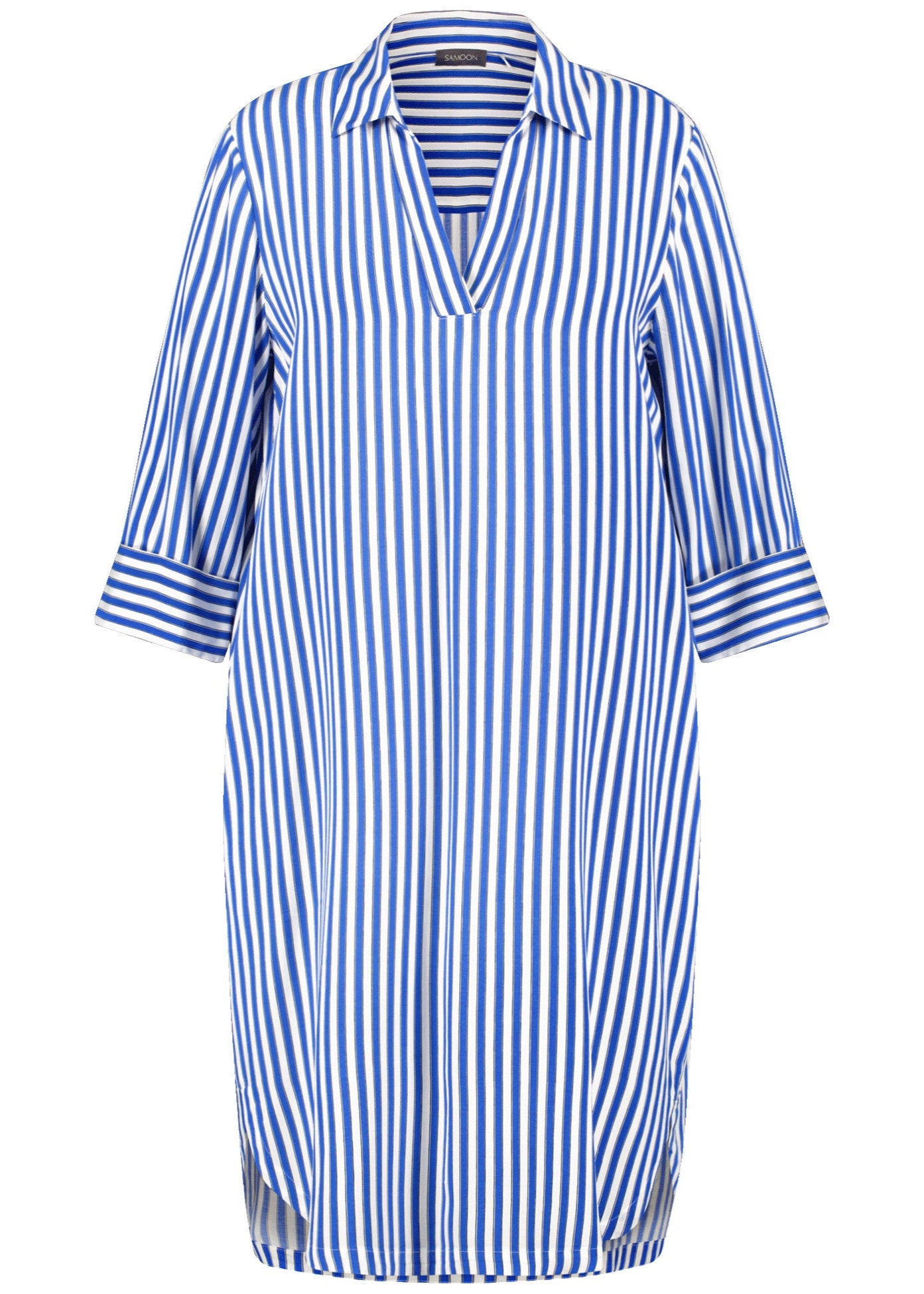 front view of Samoon plus size blue Striped viscose Shirt Dress With 3/4 Sleeve in Off-White