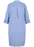 back view of Samoon plus size blue Striped viscose Shirt Dress With 3/4 Sleeve in Off-White
