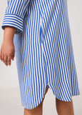 close up front view of Samoon plus size blue Striped viscose Shirt Dress With 3/4 Sleeve in Off-White