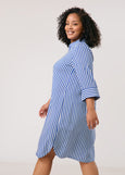 side view on model of Samoon plus size blue Striped viscose Shirt Dress With 3/4 Sleeve in Off-White