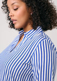 close up front view of Samoon plus size blue Striped viscose Shirt Dress With 3/4 Sleeve in Off-White