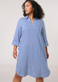front view on model of Samoon plus size blue Striped viscose Shirt Dress With 3/4 Sleeve in Off-White