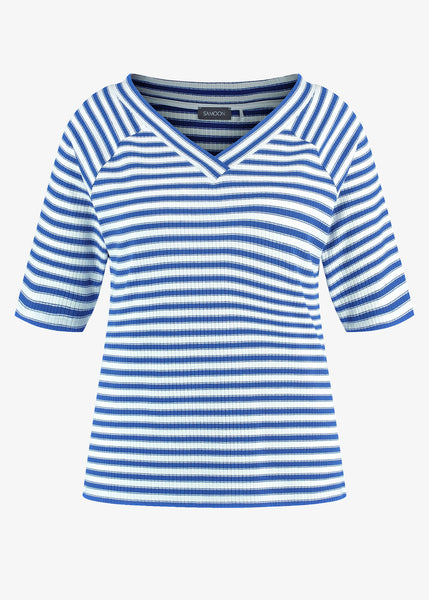 Samoon Striped V-neck Elbow Sleeve Tee in Skydiver Blue