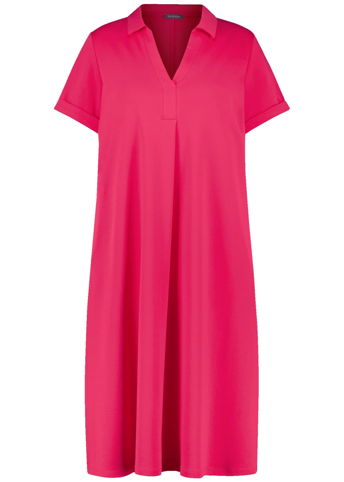 front view of Samoon plus size cotton Polo Collar Short Sleeve Midi Dress in Barberry Red