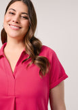front view on model of Samoon plus size cotton Polo Collar Short Sleeve Midi Dress in Barberry Red