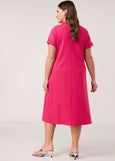back view on model of Samoon plus size cotton Polo Collar Short Sleeve Midi Dress in Barberry Red