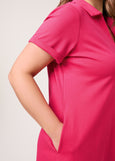 side view on model of Samoon plus size cotton Polo Collar Short Sleeve Midi Dress in Barberry Red