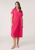 front view on model of Samoon plus size cotton Polo Collar Short Sleeve Midi Dress in Barberry Red