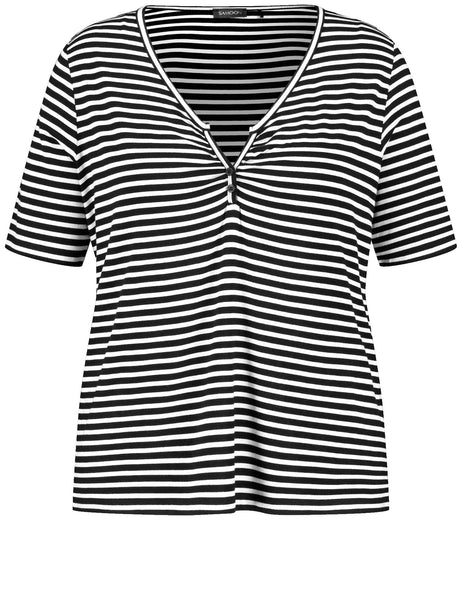 Samoon Short Sleeve V-Neck Striped Tee in Black & White