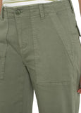close up front view of plus size Liverpool Cargo Crop Wide Leg Pant in Martini Olive