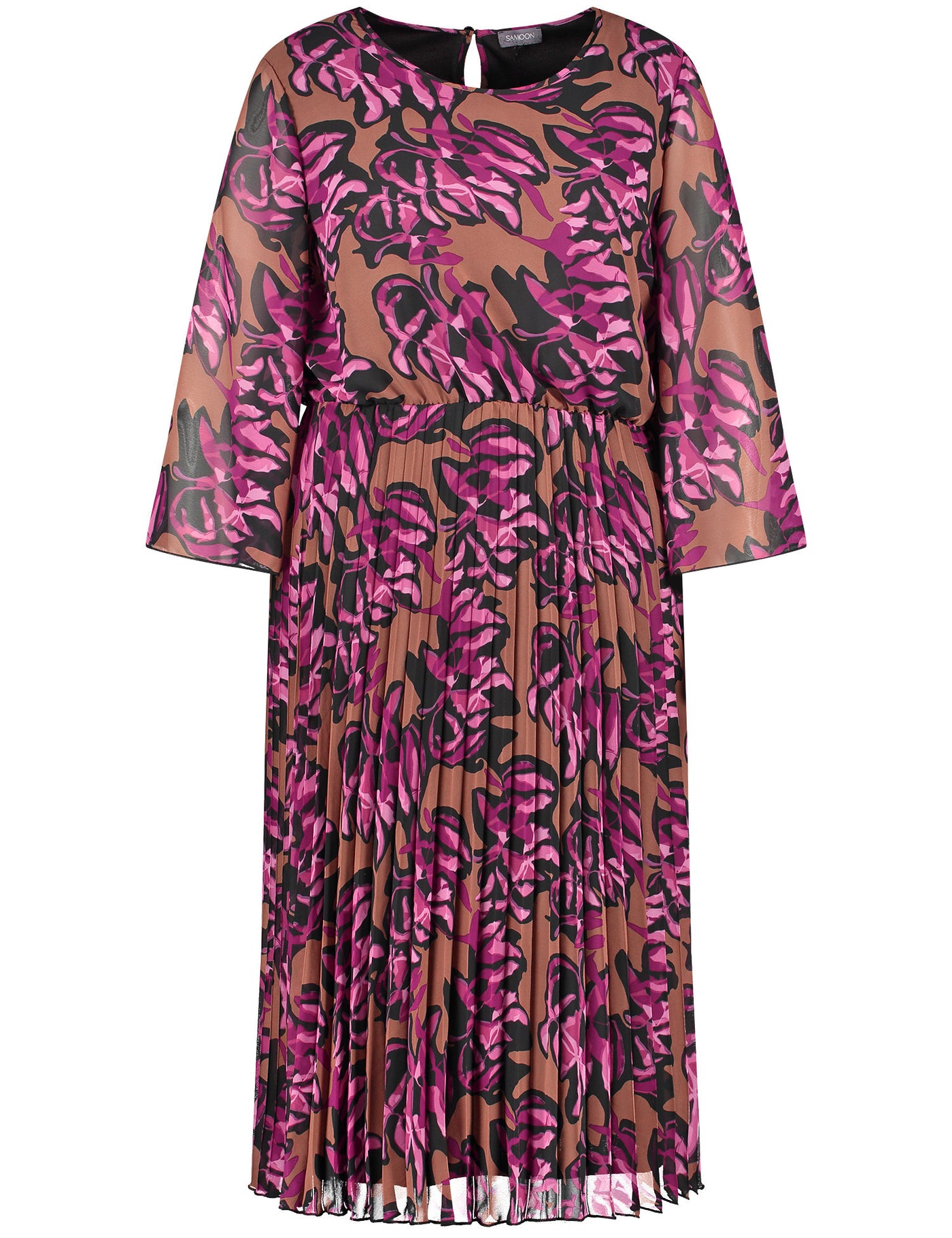 Samoon Plisse Pleated Split Neck Dress with Elastic Cuff Sleeve