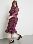 Samoon Plisse Pleated Split Neck Dress with Elastic Cuff Sleeve