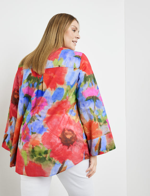 Samoon Cotton Floral Print Slit Neck Long Flared Sleeve Tunic
