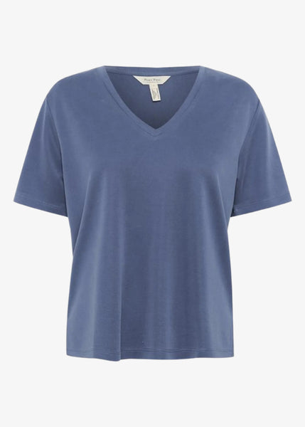 front view of Part Two Ruth Tencel V-Neck Short Sleeve Top in Blue