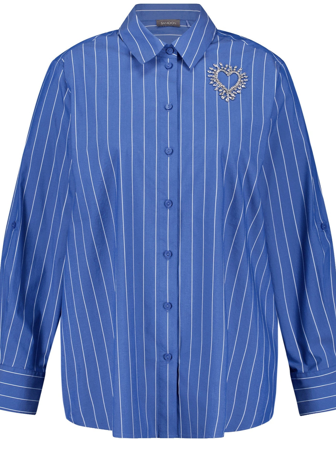 front view of plus size Samoon Stretch Cotton Striped Shirt with Heart Motif in Skydiver Blue